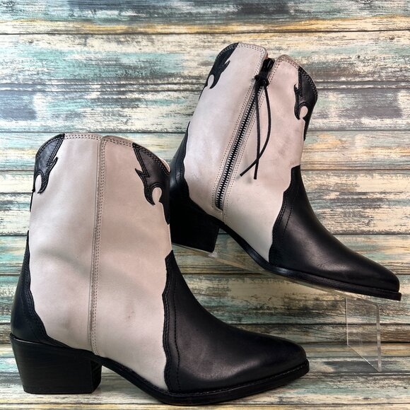 Free People Boot Womens 9 Black Ivory Leather Western Flames Cowgirl Pointed Toe - Picture 1 of 16